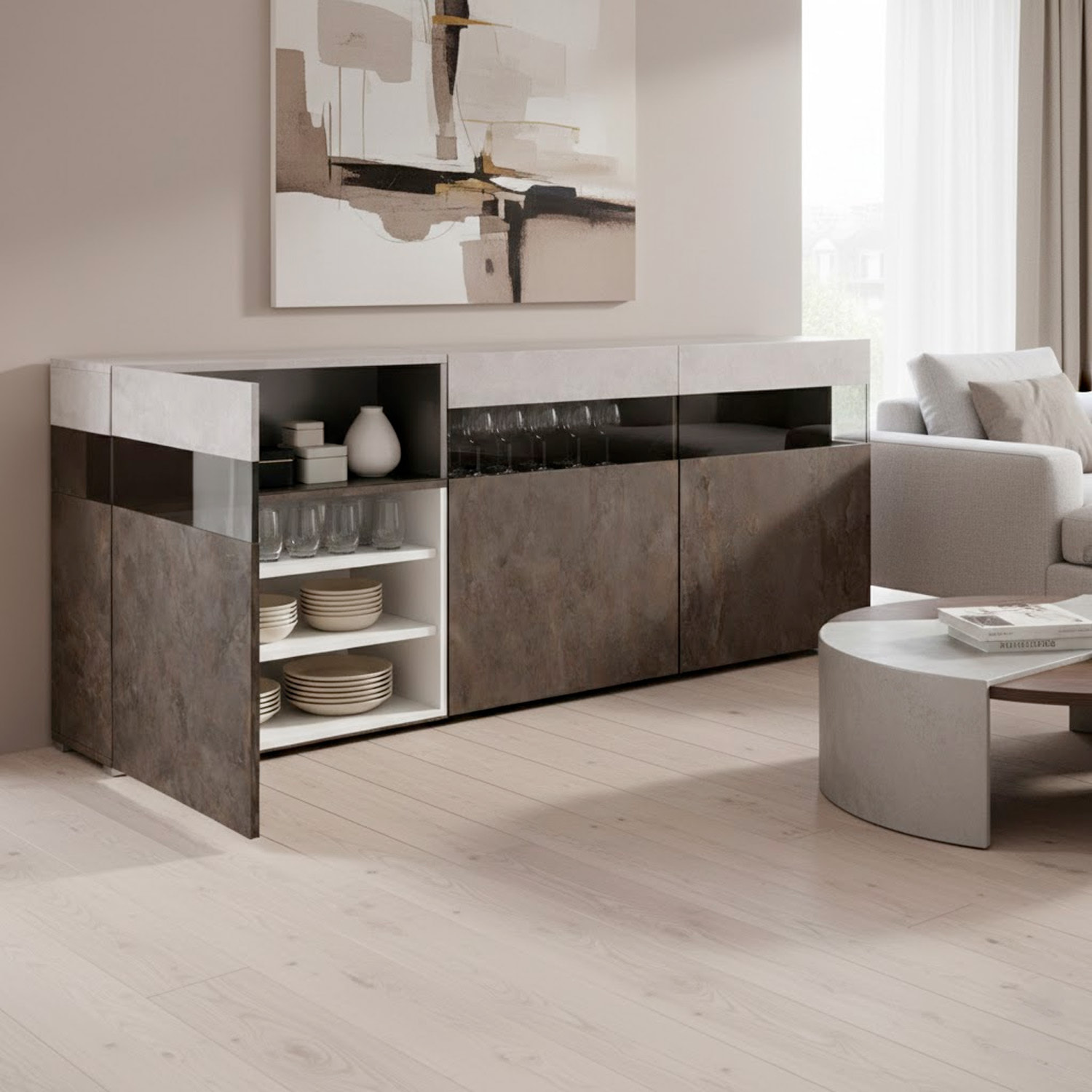 Madia Soggiorno Con 3 Ante Push-Pull E 3 Vani A Giorno in Vetro Mobile Credenza Moderna Zona Living 180 x 41.2 x 80 Cm Ossido E Grigio Cemento
