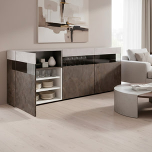 Madia Soggiorno Con 3 Ante Push-Pull E 3 Vani A Giorno in Vetro Mobile Credenza Moderna Zona Living 180 x 41.2 x 80 Cm Ossido E Grigio Cemento