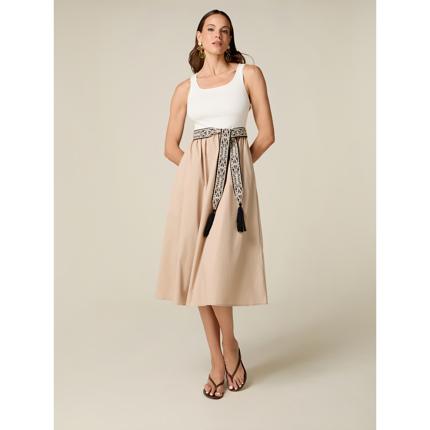 Oltre - Vestito bimaterico con cintura - Beige