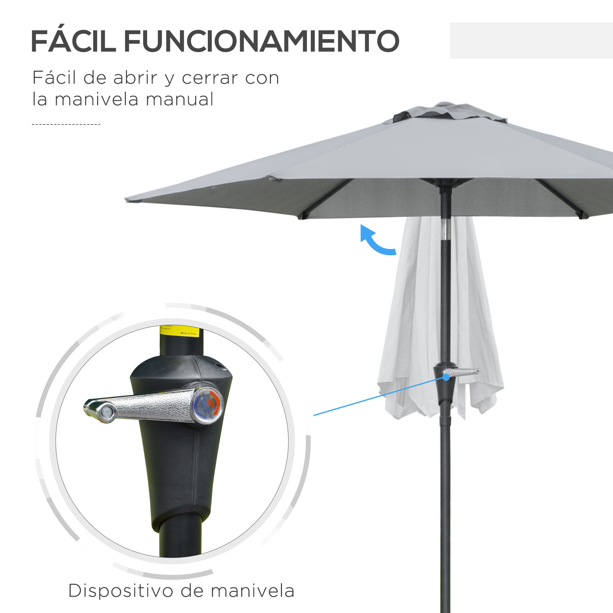 Sombrilla Terraza Exterior Ø230 cm Sombrilla de Jardín con Ángulo Ajustable y Manivela Impermeable Parasol para Patio Terraza Gris