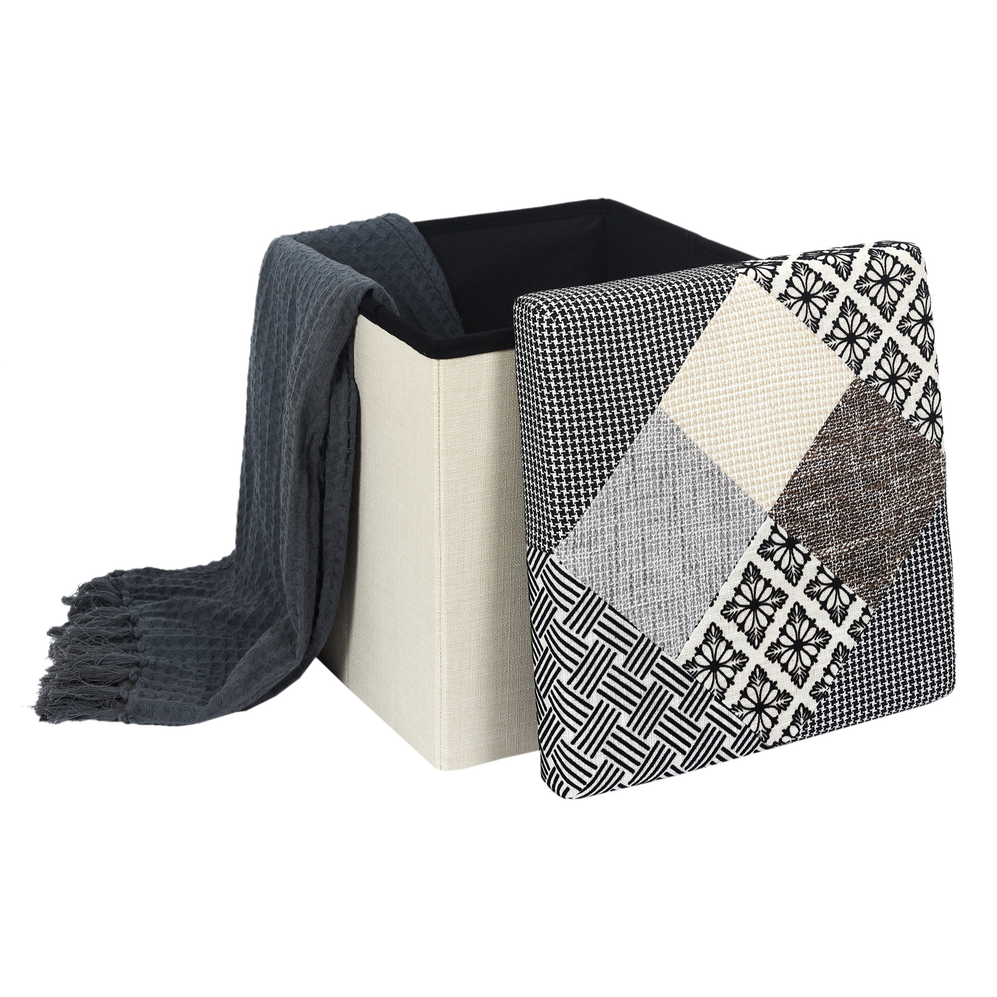 Coffre Pouf Pliable Patchwork Gris