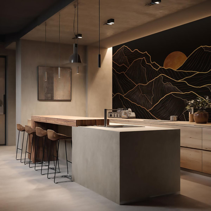 Papier peint panoramique montagnes dorées fond noir luxe Intissé