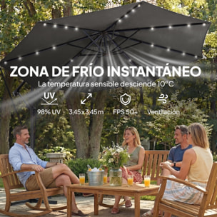 Parasol Excéntrico con Luces LED Solares, Ø345 cm, Sombrilla de Jardín de Aluminio con Base Cruzada, Manivela, Funda Protectora, Cuerdas de Viento, UPF50+, para Terraza, Patio, Gris Oscuro