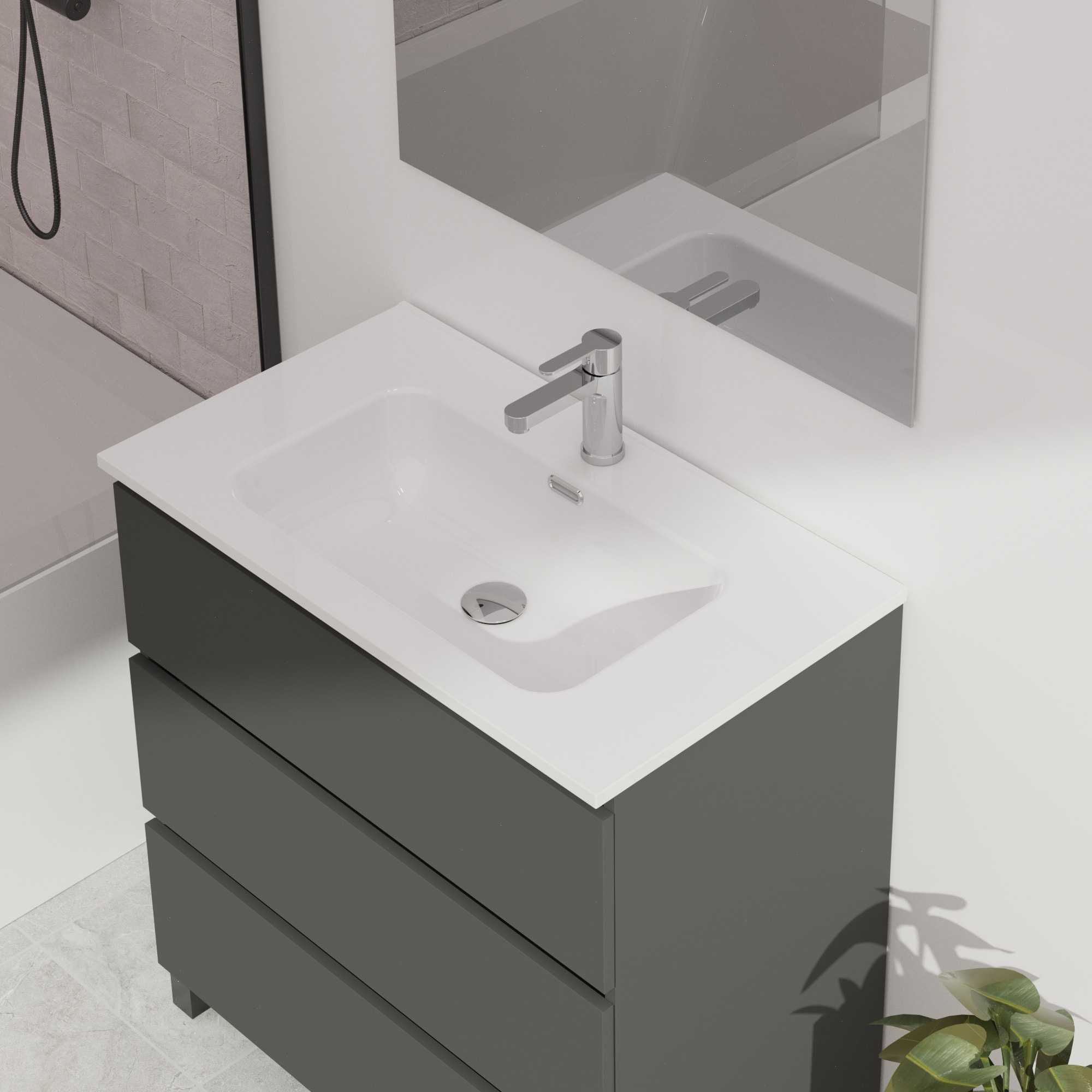 Conjunto de baño Wink | 90 cm Gris Mate | Tres cajones | Lavabo encastrado | No incluye espejo | Mueble montado | Alday