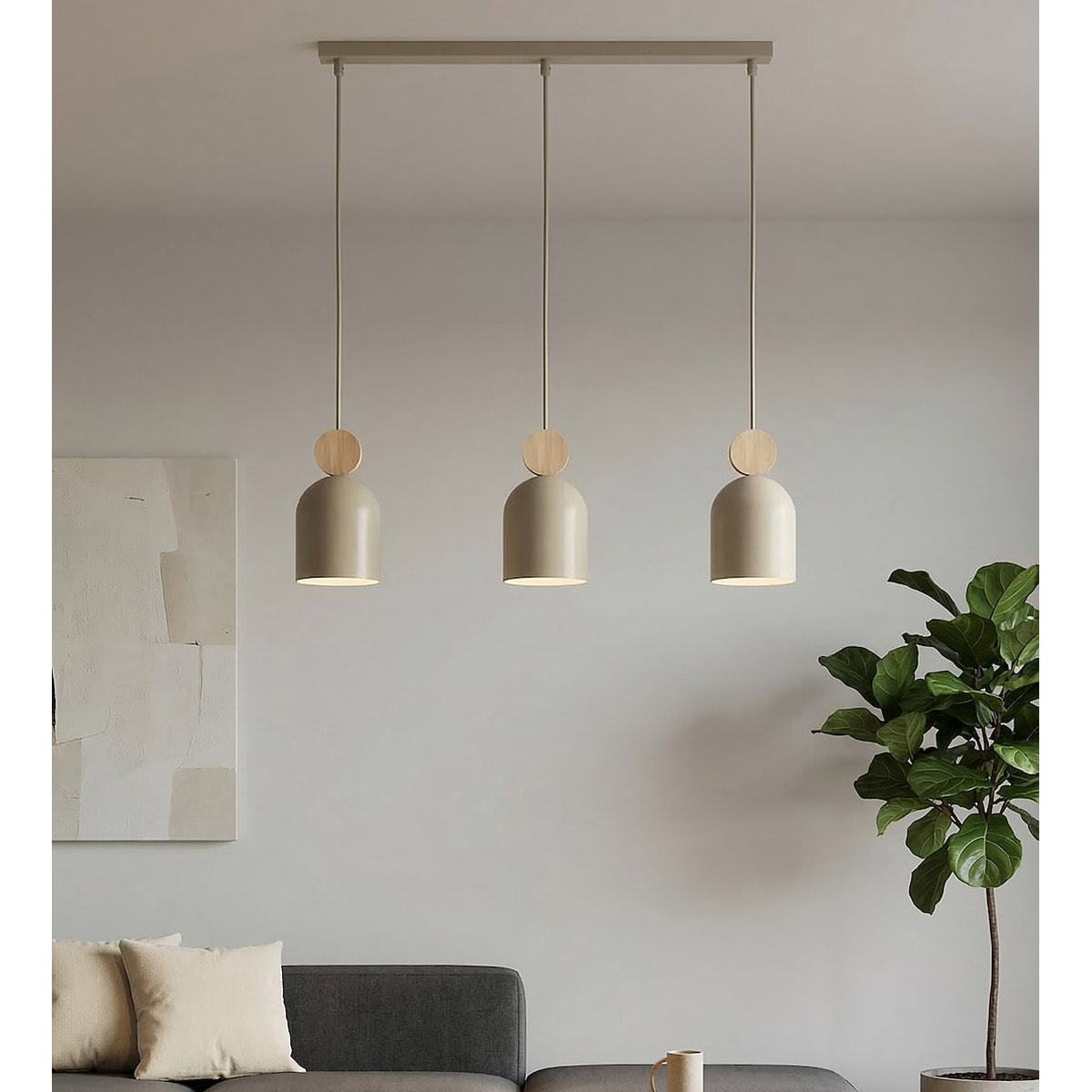 Lampada a sospensione Mesi in acciaio beige e legno