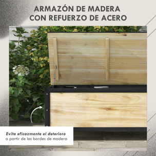 Baúl de Exterior 121 L Arcón Almacenaje de Madera con 4 Ruedas y Marco de Acero para Jardín Patio Balcón 100x50x43 cm Natural y Negro