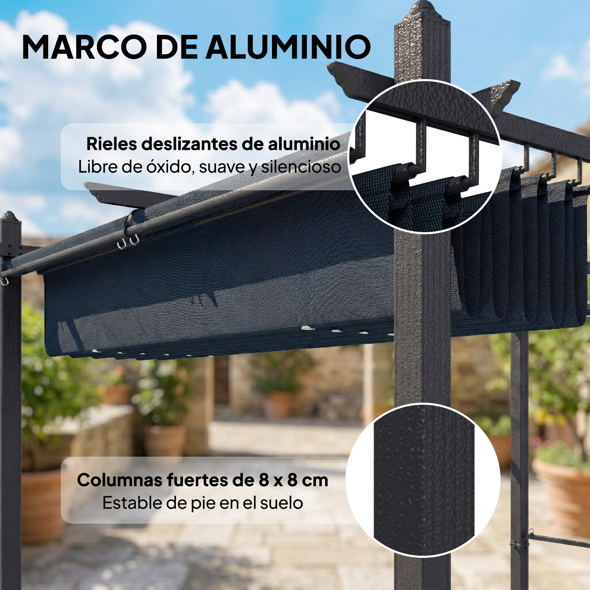 Pérgola de Jardín 4x3 m con Techo Retráctil y 4 Cortinas Enrollables Automáticas, Cenador de Jardín con Protección UV50+, Estructura de Aluminio, Drenaje, Pabellón para Exterior, Gris Oscuro
