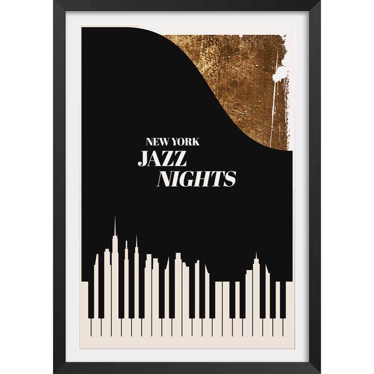 Poster new york jazz night Affiche + cadre en bois - Noir