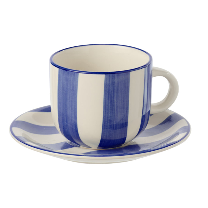 J-Line Tasse + Sous-tasse Ligné - céramique - bleu/blanc - 6 pièces