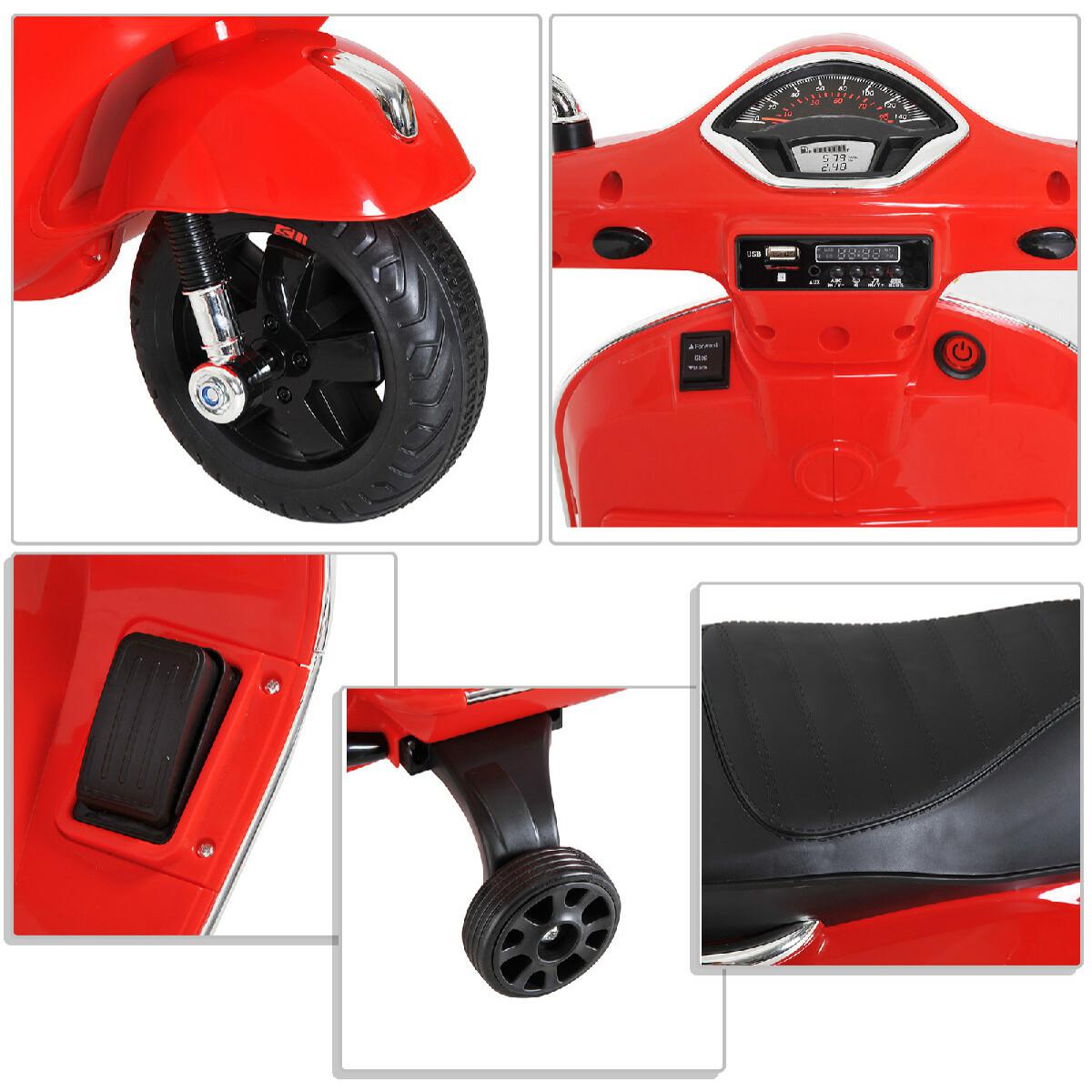 Scooter moto électrique enfants 6 V dim. 102L x 51l x 76H cm musique MP3 port USB klaxon phare feu AR rouge Vespa