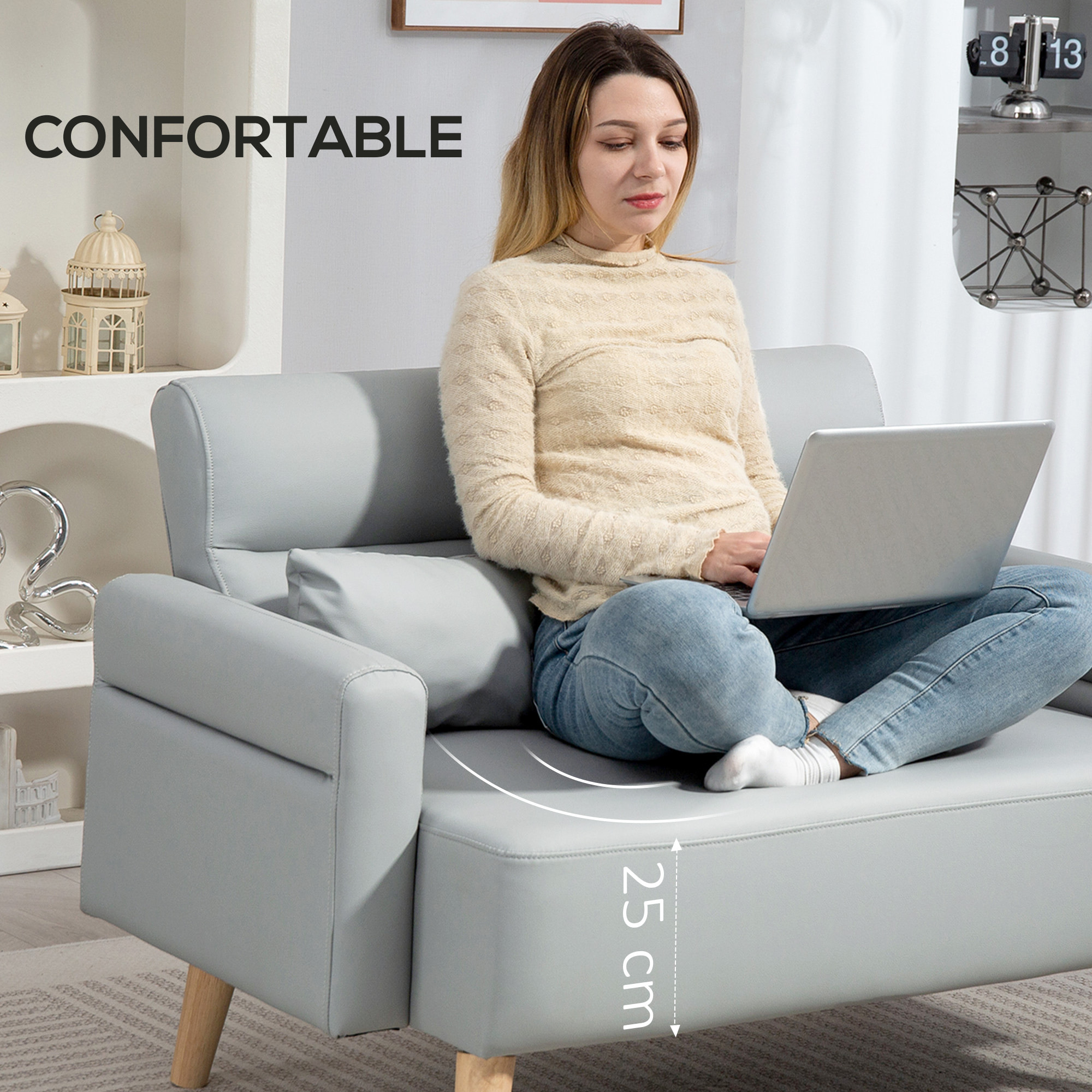 Sofá de 2 Plazas Tapizado en Cuero Sintético Sofá de Salón de 117 cm con Reposabrazos Acolchado Grueso Respaldo Acanalado y Patas de Madera para Dormitorio Sala de Estar Gris