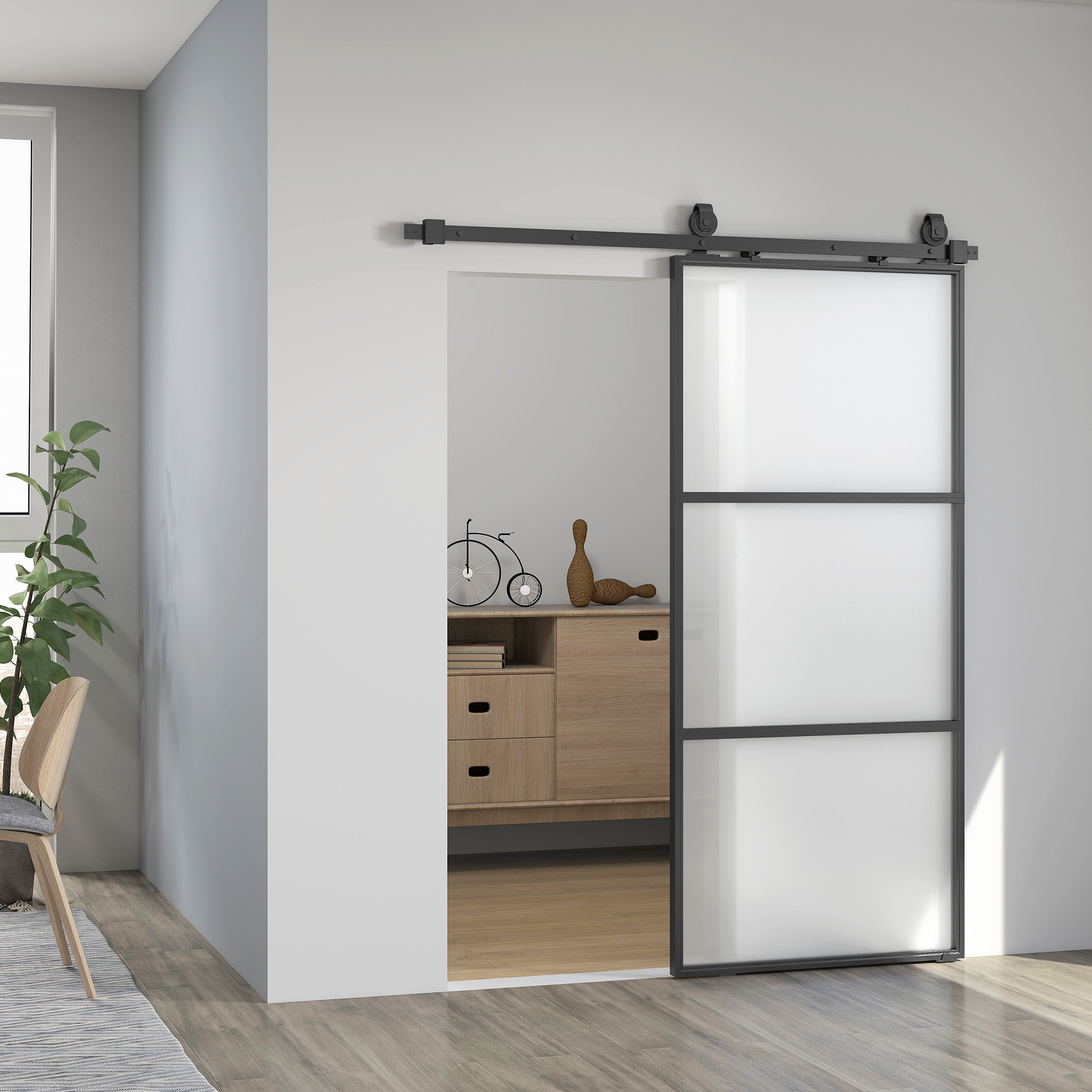 Puerta Corredera con Herrajes Puerta Corredera de Cristal con Mecanismo Cierre Suave para Baño Salón Sala de Estar Cocina 91,4x203,2 cm Negro