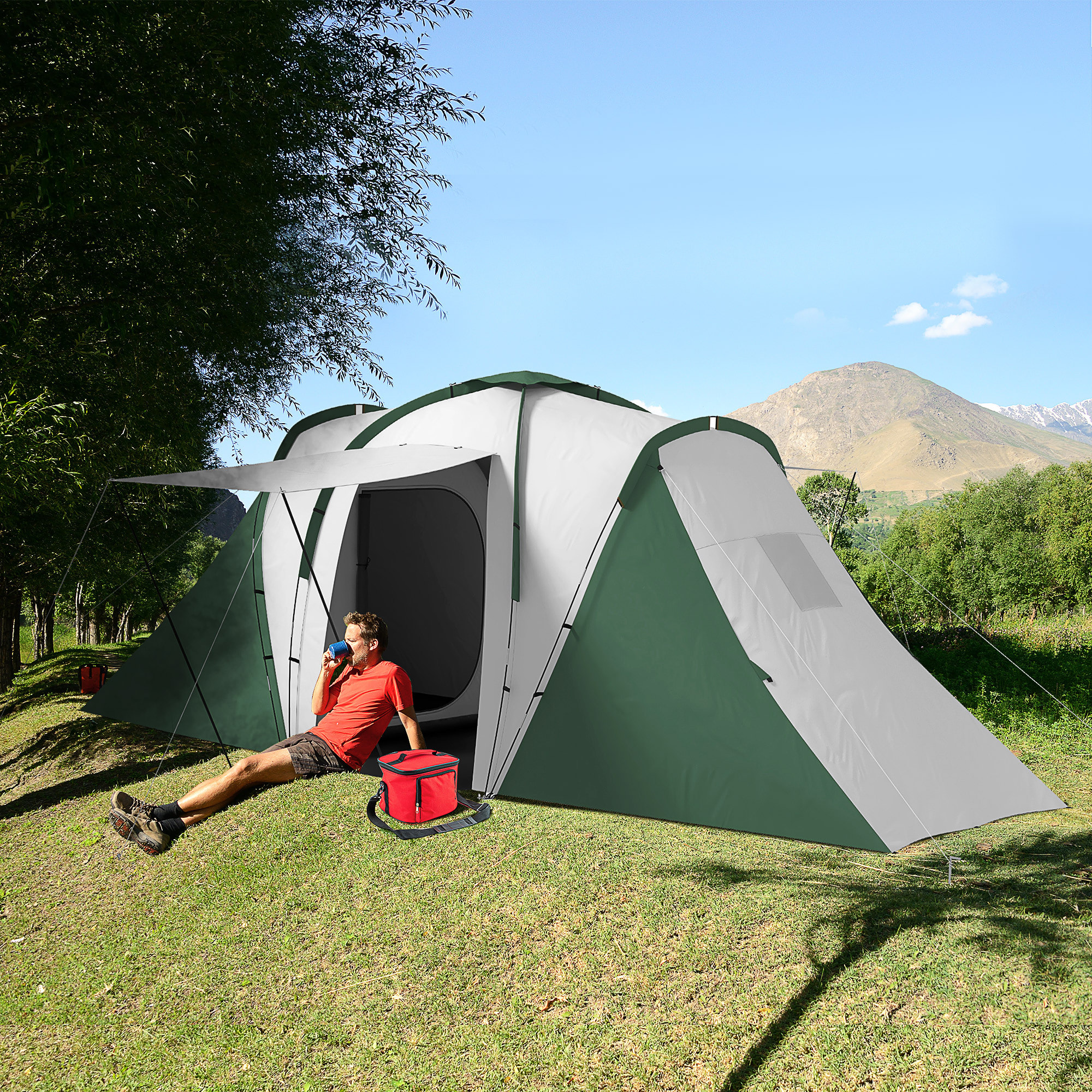 Tente de camping familiale 4-6 pers. - tente tunnel 2 grandes portes sac inclus - fibre verre polyester gris vert
