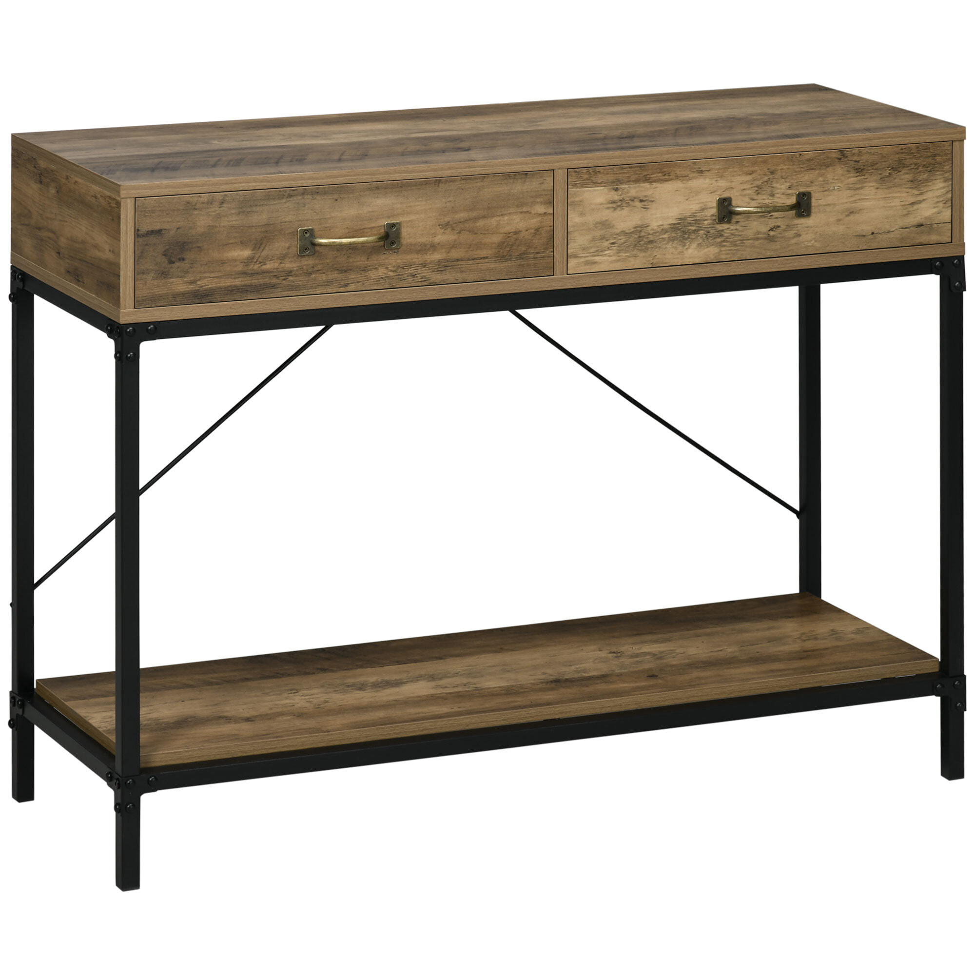 Mesa de Consola Industrial, Mesa de Sofá con 2 Cajones y Estante, Consola para Recibidor con Patas de Metal, para Salón, Pasillo, Entrada, Marrón y Negro