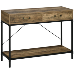Mesa de Consola Industrial, Mesa de Sofá con 2 Cajones y Estante, Consola para Recibidor con Patas de Metal, para Salón, Pasillo, Entrada, Marrón y Negro