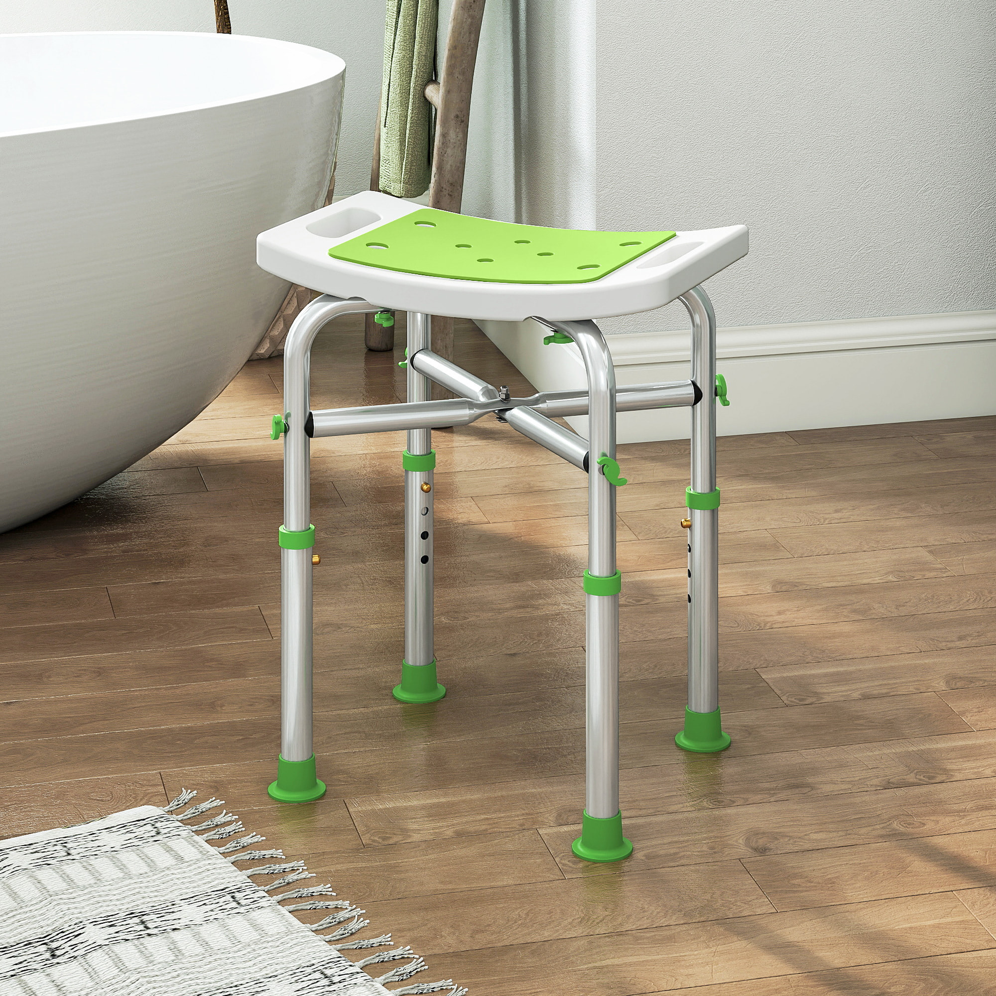 Siège de douche réglable en hauteur tabouret de douche ergonomique pieds antidérapants charge max. 150 Kg alu HDPE blanc vert