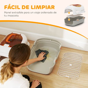 Transportín para Gatos y Perros Pequeños, Caja de Transporte de Plástico, Carga 4 kg, con Claraboya, Cuenco, Puerta de Acero, Cerradura Triple, Base Elevada, 49x32x31 cm, Gris Claro