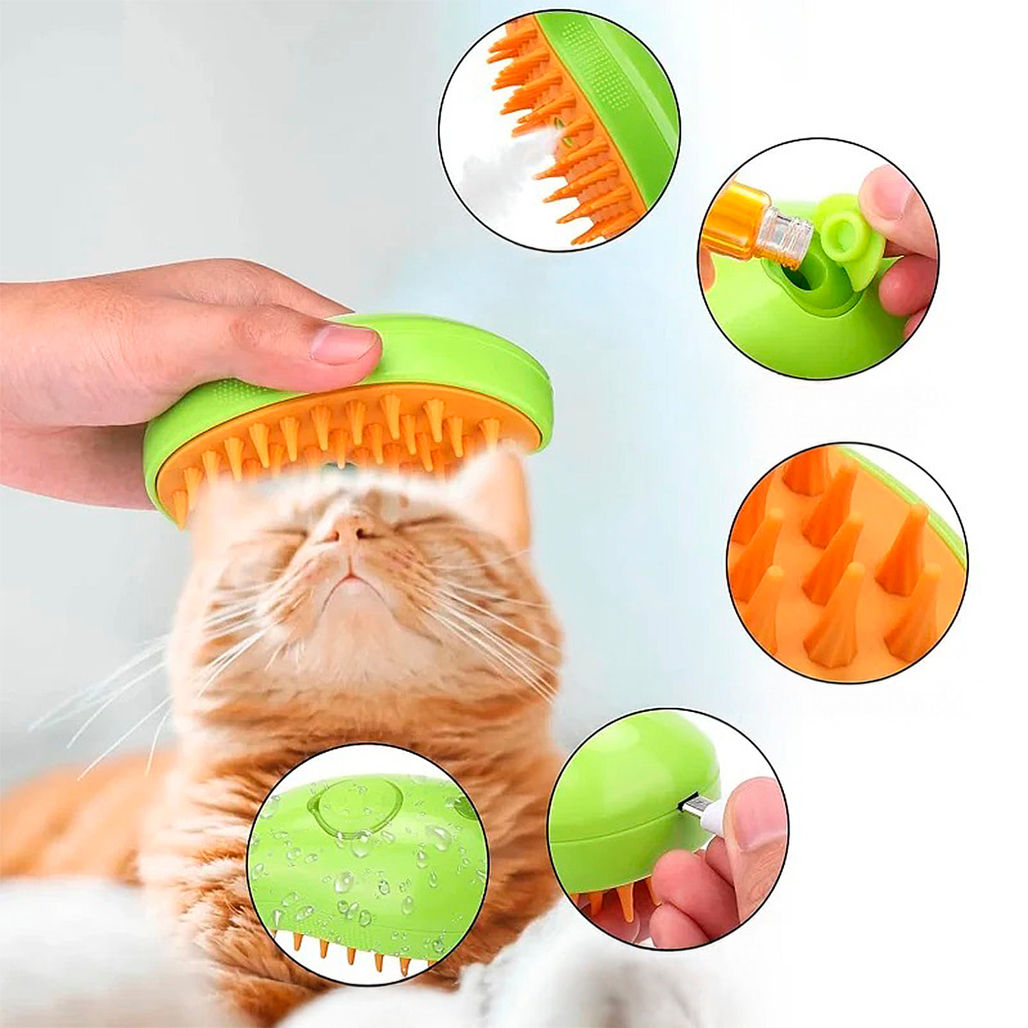 Cepillo a vapor para mascotas con dientes de silicona, depósito para agua y esencias de 20ml.