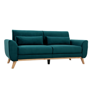 Canapé scandinave 3 places en tissu velours bleu canard et bois clair EKTOR