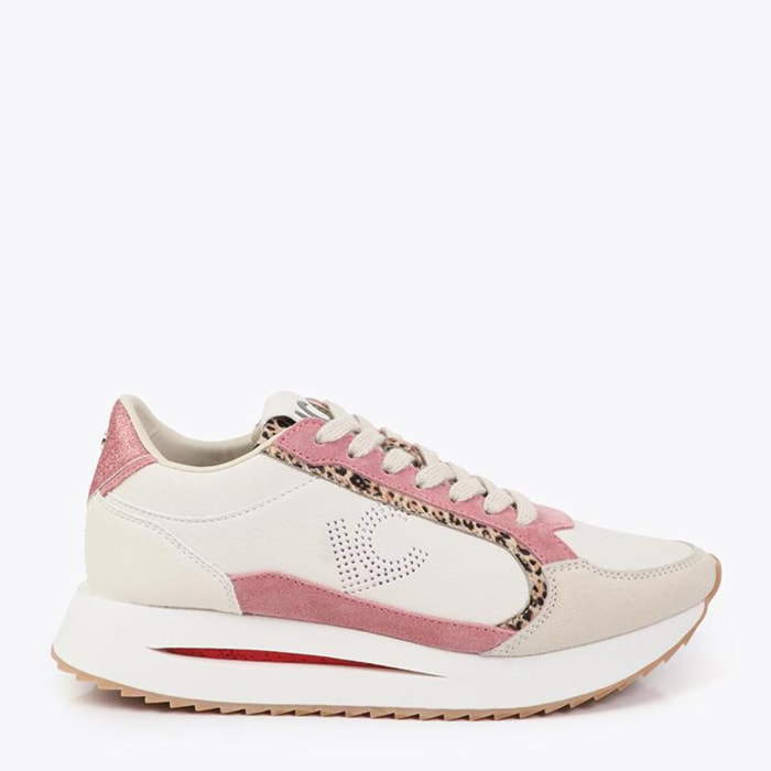 Sneaker platform bicolore in tessuti combinati e dettagli in pelle