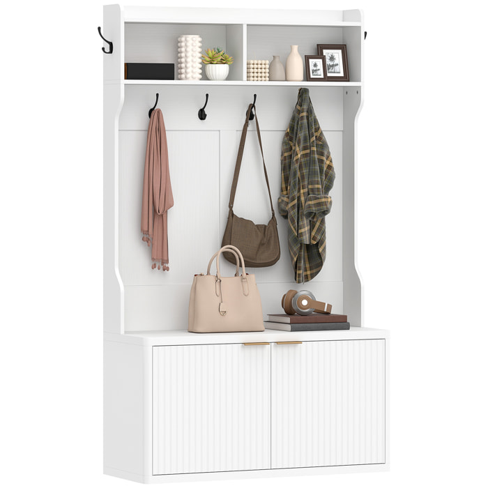 Perchero Zapatero, Perchero Recibidor con 2 Puertas, Estantes Abiertos, 6 Ganchos, para Pasillo, Dormitorio, Salón, Estilo Moderno, 100x38x172 cm, Blanco