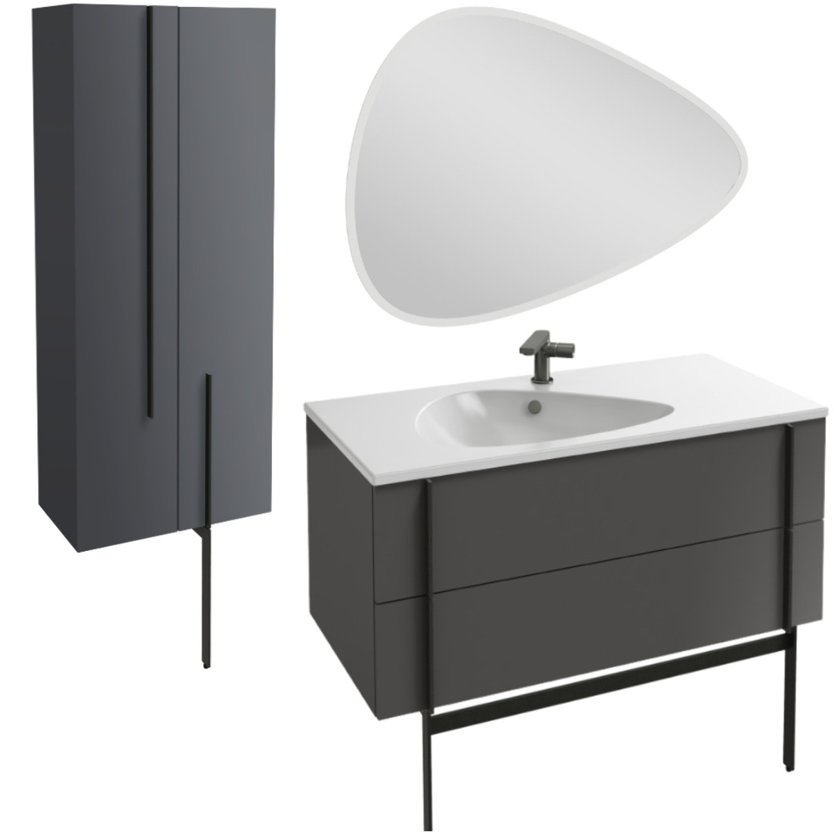 Meuble de salle de bain 100 cm Nouvelle Vague gris brillant + colonne 2 portes + miroir + pied