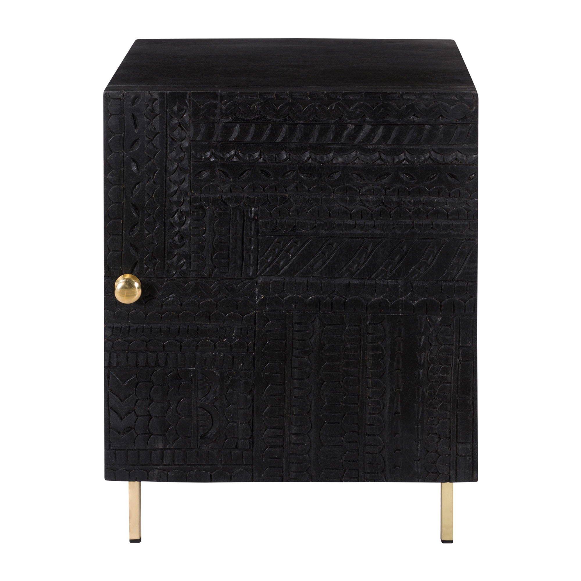 Chevet 1 porte en bois gravé noir et métal doré - Chimane