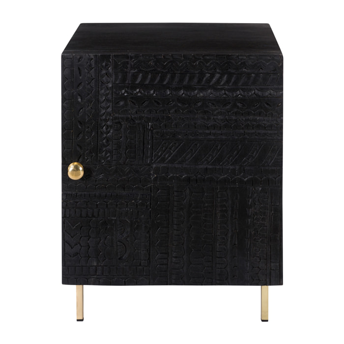 Chevet 1 porte en bois gravé noir et métal doré - Chimane