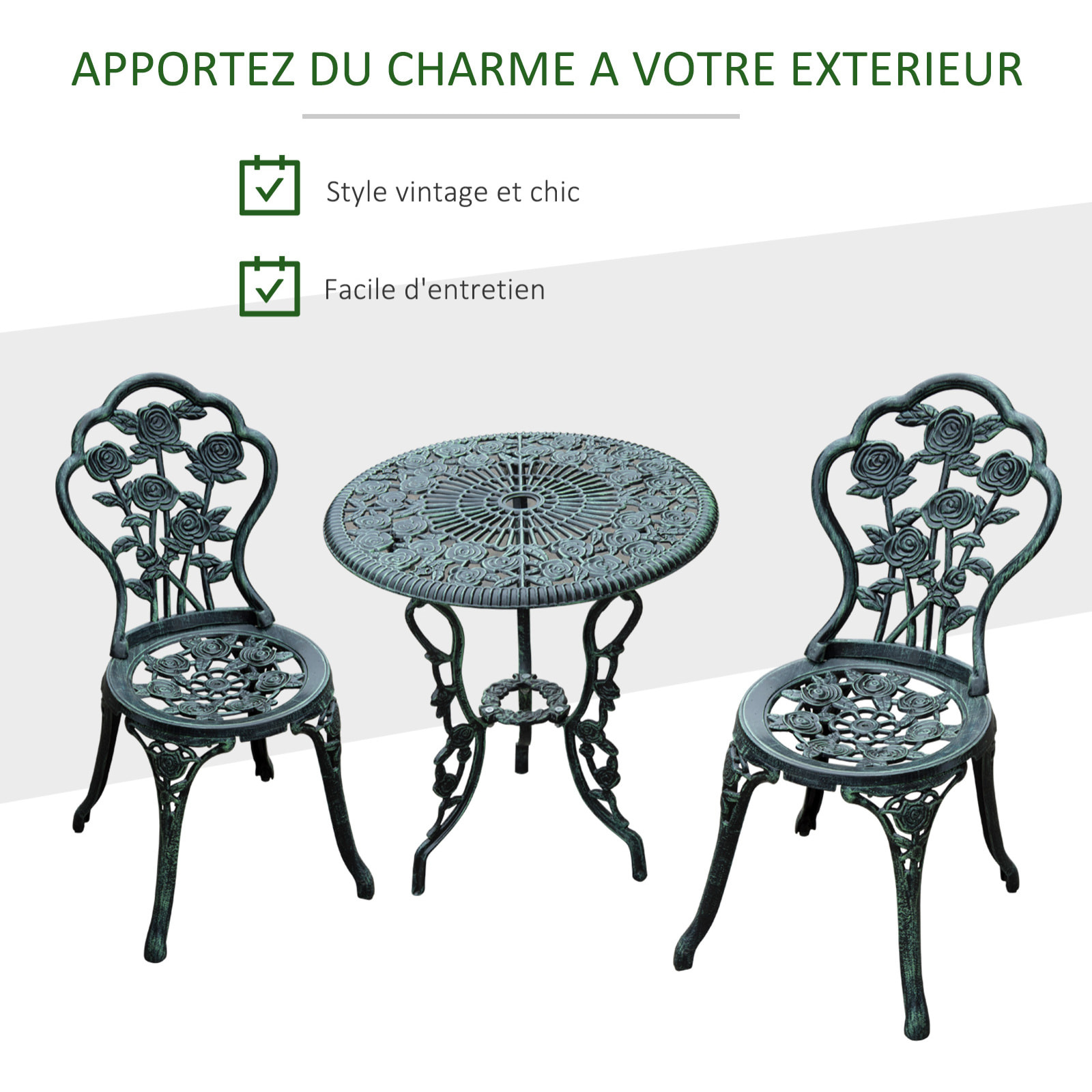 Salon de jardin 2 places – Style néo-rétro – Table ronde incluse