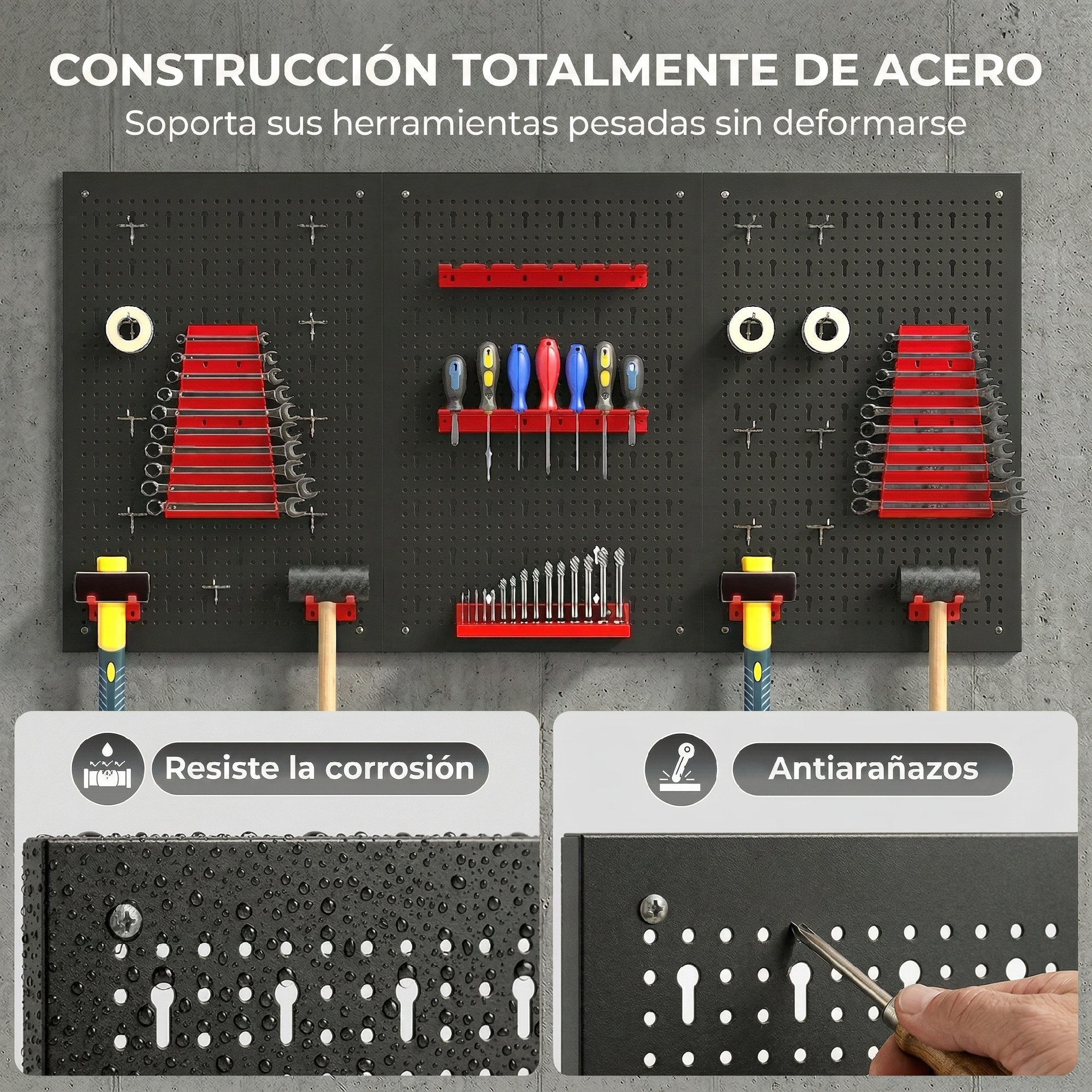 3 Paneles de Herramientas de Pared, 28 Piezas, cada panel 60x40 cm, Organizador de Herramientas de Pared con Ganchos y Estantes, para Garajes y Bricolaje, Negro y Rojo