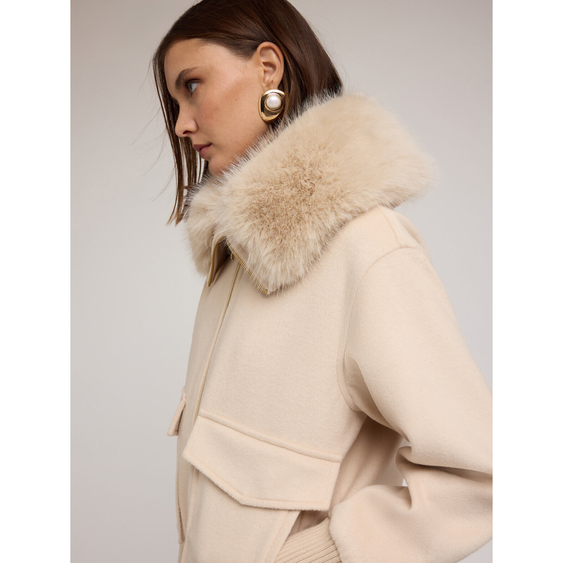 Motivi - Chaquetón en paño mezcla de lana con cuello alto - Blanco