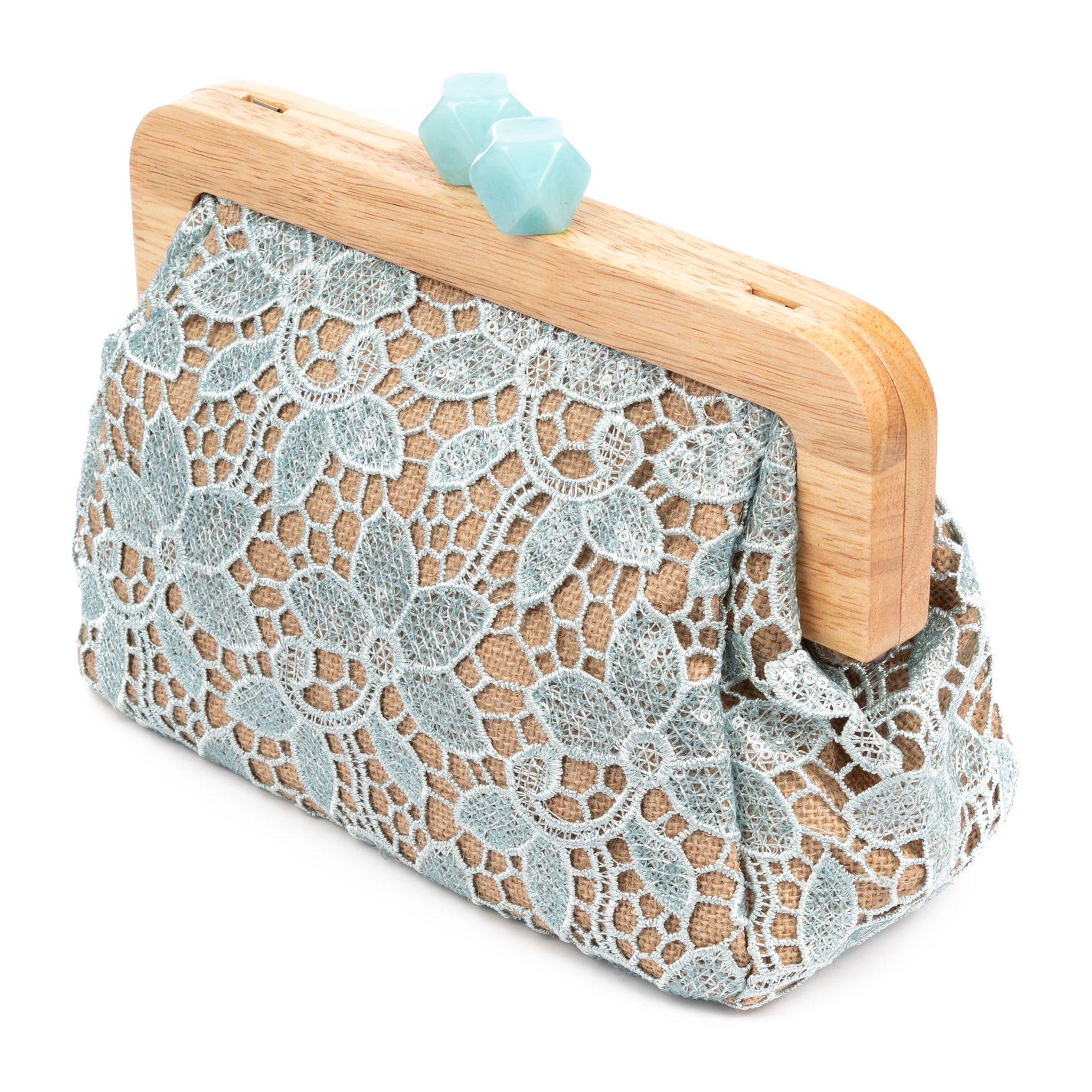 Borbera Borsa a tracolla Donna. Realizzata in legno naturale, cotone e juta con design in rete di tessuto floreale.