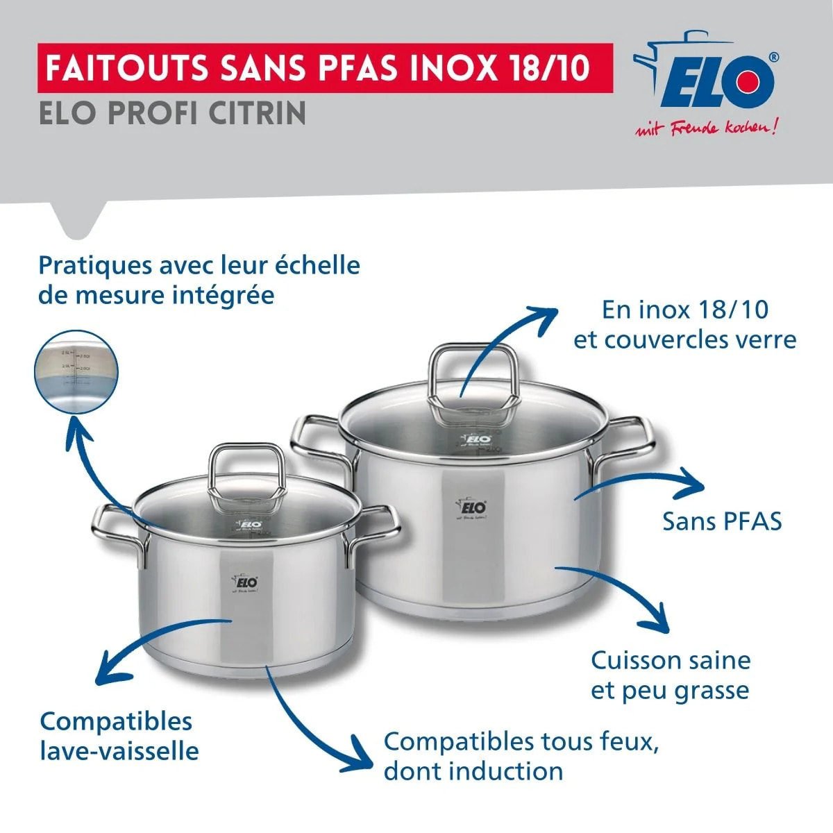 Ensemble de 3 Poêles de cuisson 24, 28 et 32 cm et 2 faitouts 16 et 20 cm Elo Profi Citrin