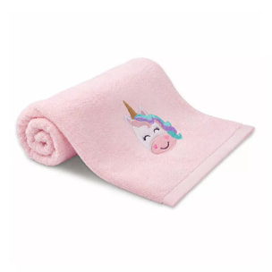 Serviette eponge enfant pur coton 500 g/m² brodé rose Petite licorne rose
