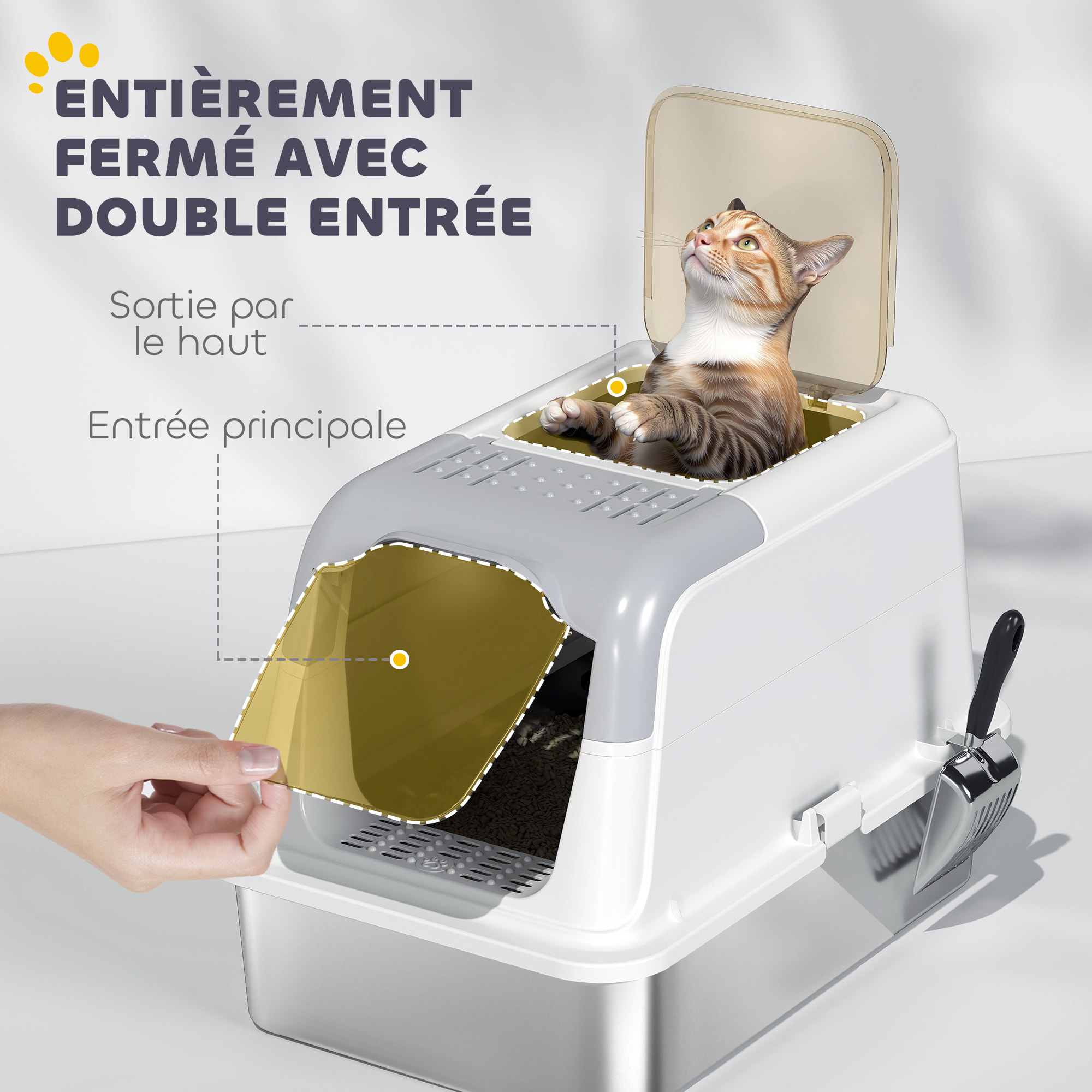 Maison de toilette bac à litière fermé acier inox - pelle, 2 portes, désodorisant - blanc