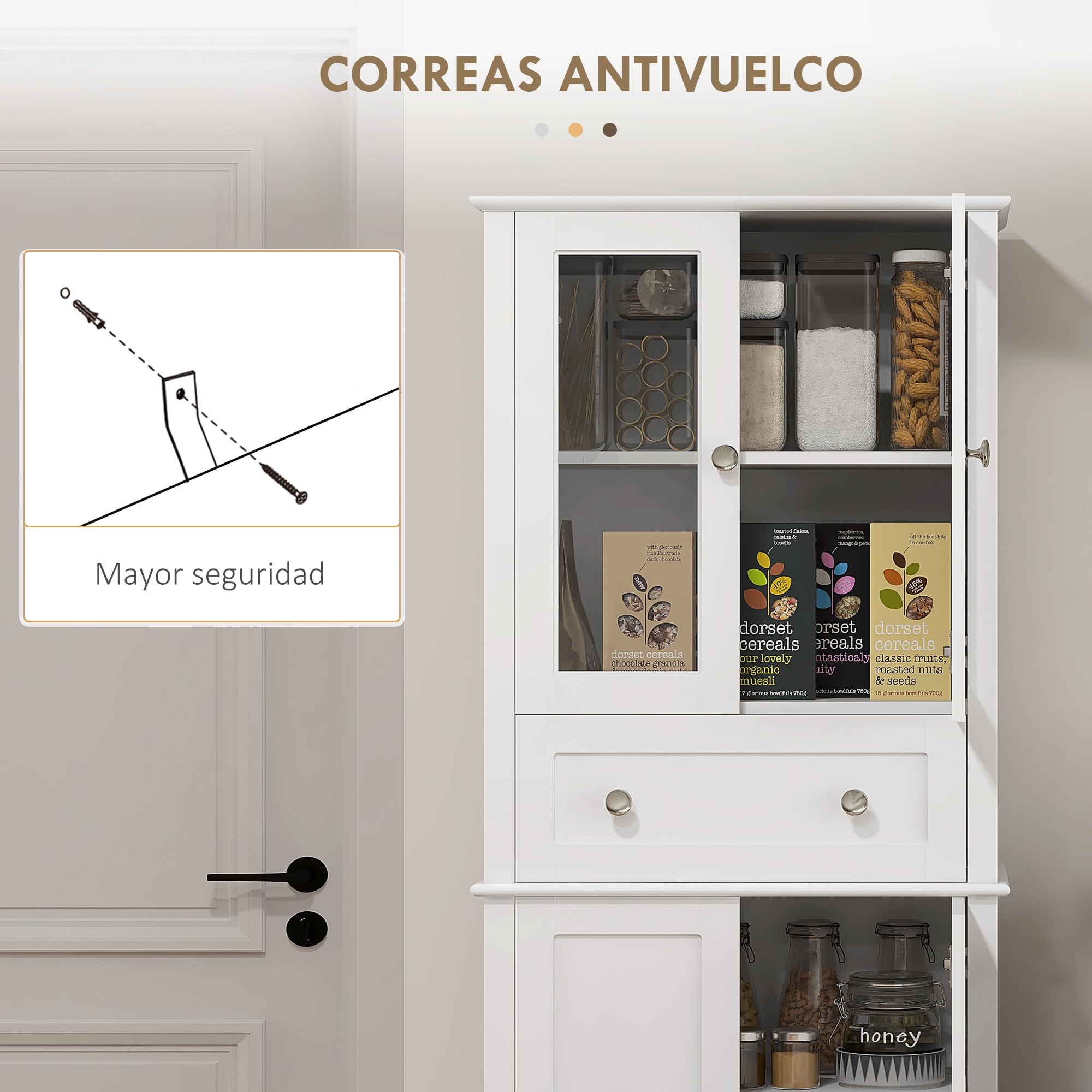 Alacena de Cocina Despensa Armario de Cocina con 2 Puertas de Vidrio Templado Cajón y Estantes Ajustables Aparador para Comedor 61x35x168,5 cm Blanco
