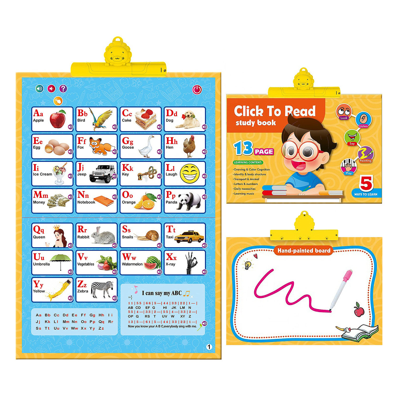 Libro de aprendizaje inglés con sonidos y pizarra.