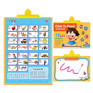 Libro de aprendizaje inglés con sonidos y pizarra.