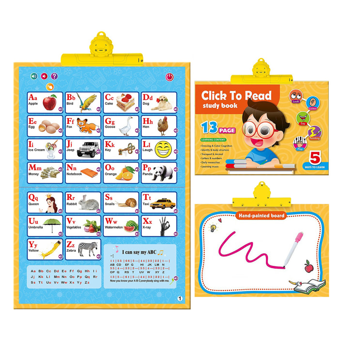 Libro de aprendizaje inglés con sonidos y pizarra.