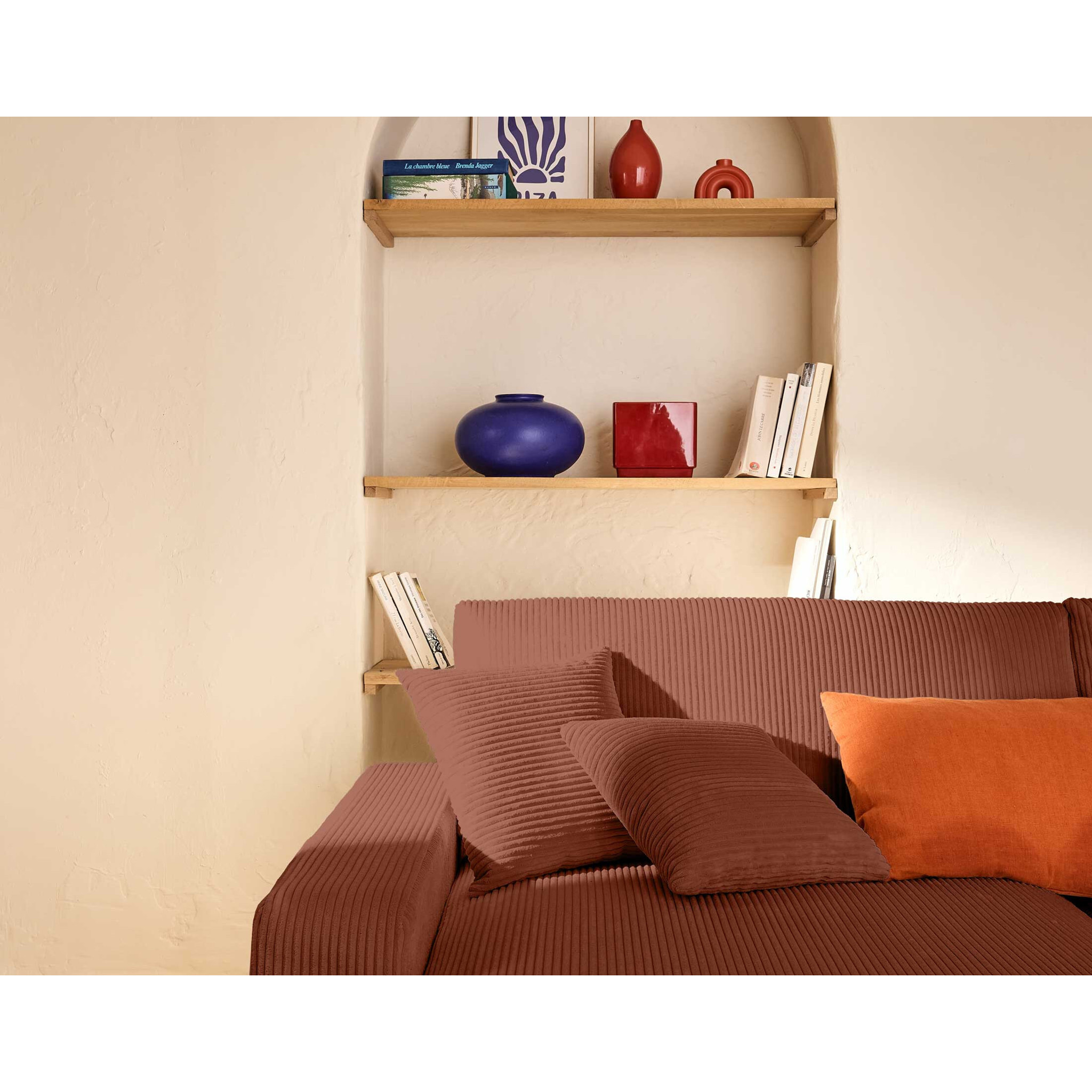 Pivoine - canapé panoramique en U - 7 places - convertible avec coffre - en velours côtelé - Terracotta