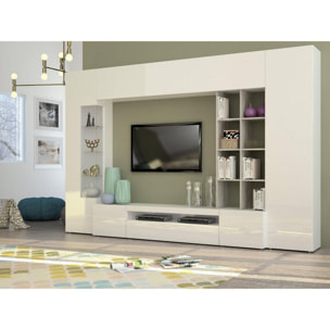 Parete attrezzata da soggiorno, Made in Italy, Base porta TV e pensili e scaffali, Set salotto moderno, cm 290x40h192, colore Bianco lucido e Cemento