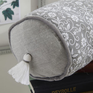 Coussin polochon déhoussable imprimé floral coton CHARME gris