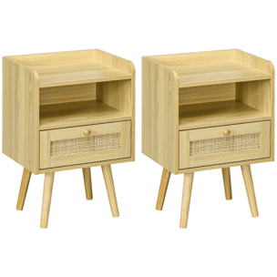 Lot de 2 chevets tables de nuit style bohème cannage - tiroir, niche - bois de pin effet bois clair
