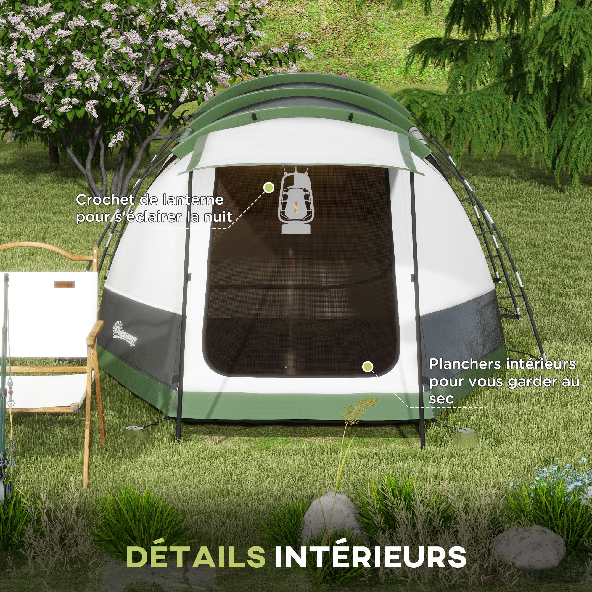 Tente de camping familiale 3-4 pers. - tente tunnel porche étanche 2000 mm - sac de transport inclus - gris