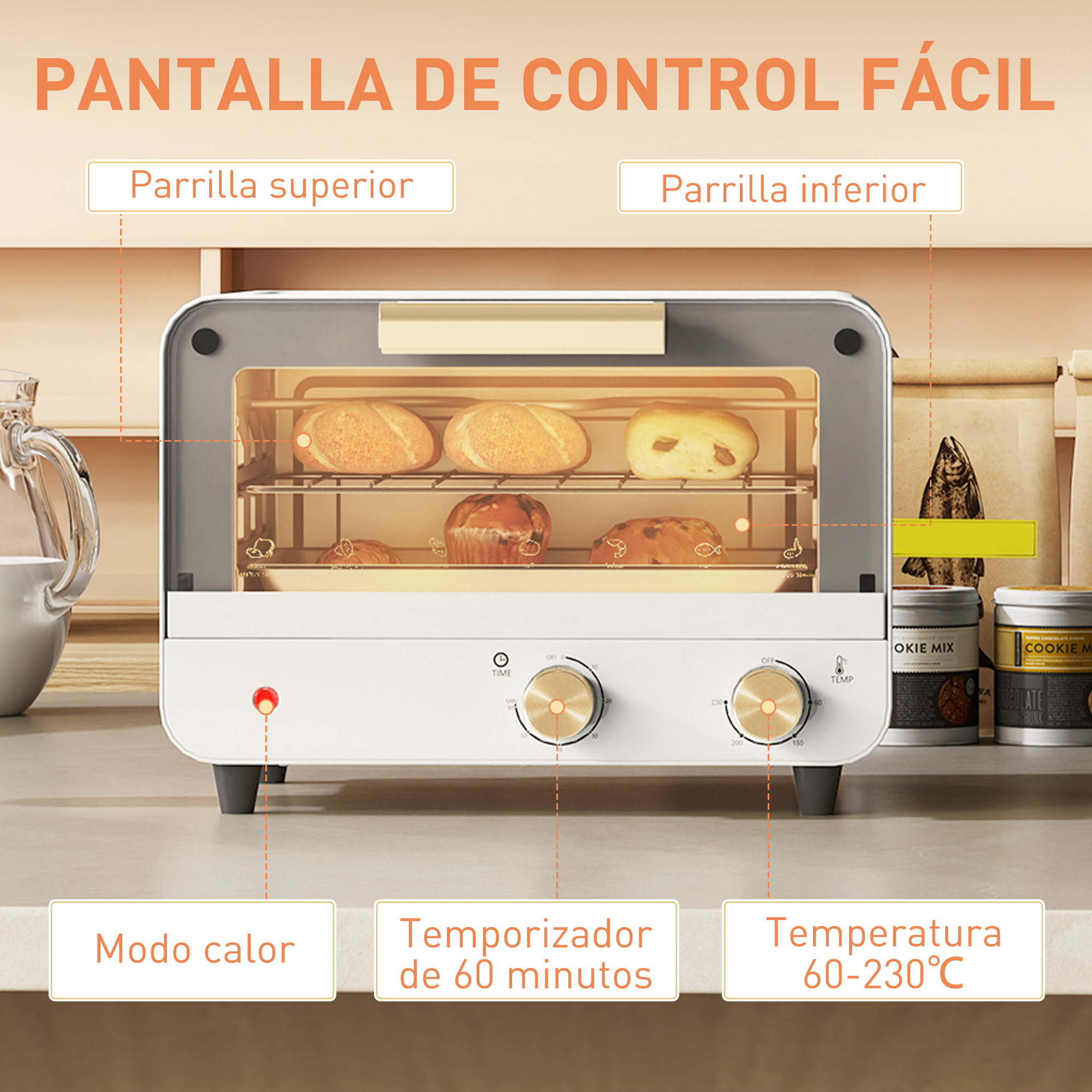 Horno Eléctrico de Sobremesa Horno Sobremesa de 12L 750W Horno Eléctrico con Puerta de Vidrio Temporizador y Temperatura Ajustables hasta 230℃ Blanco