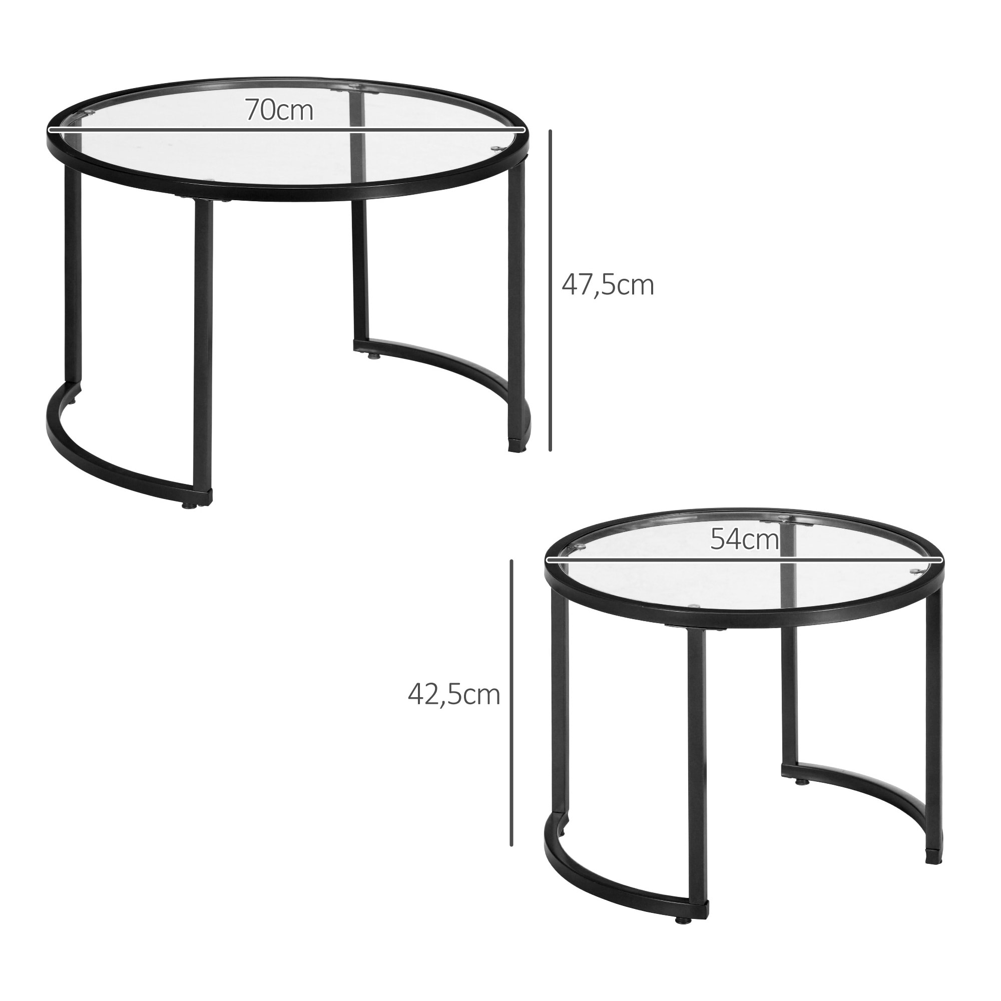 Juego de 2 Mesas Nido, Mesas de Centro para Salón Redondas, Tablero de Vidrio Templado y Marco de Acero, para Dormitorio y Oficina, Grande 70 cm, Pequeña 54 cm, Negro y Transparente