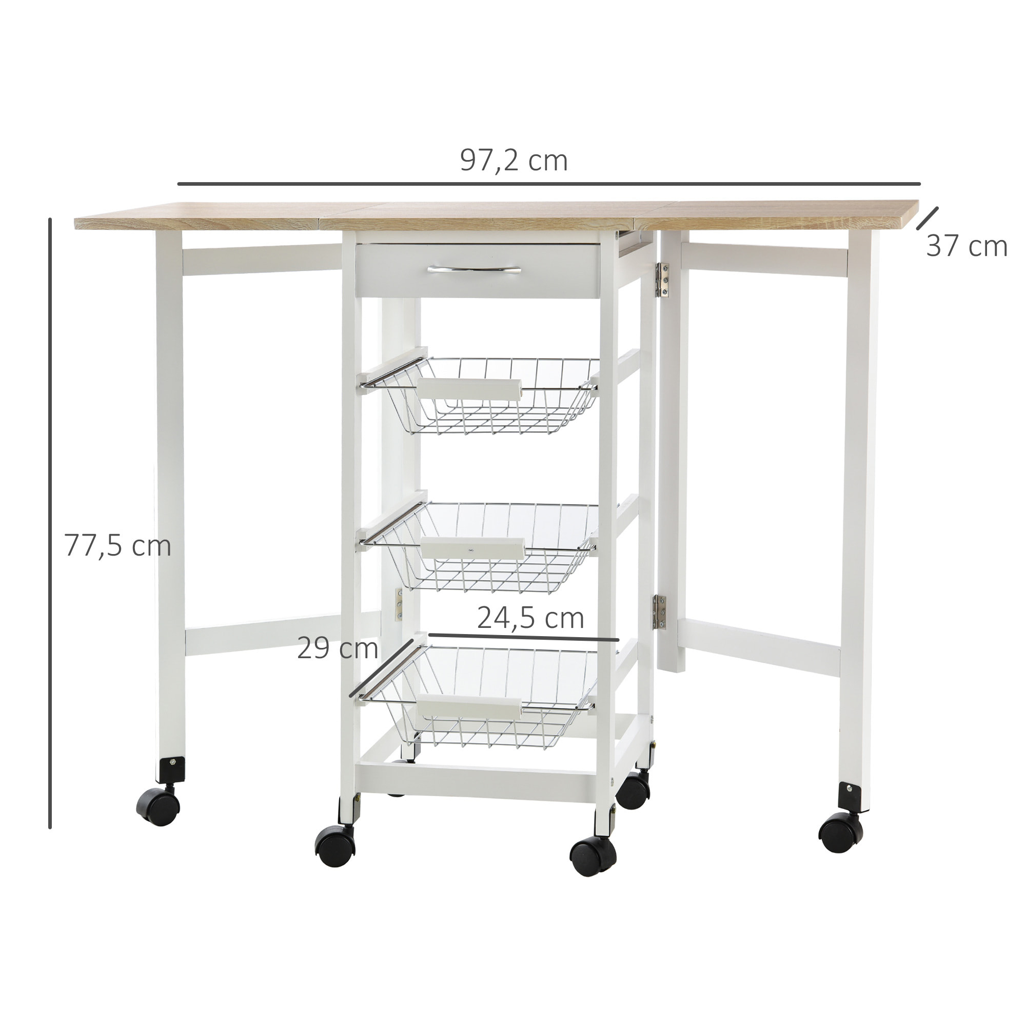 Carrito de Cocina Plegable Carrito Auxiliar con 6 Ruedas 1 Cajón y 3 Cesta de Metal Carro de Servicio Multifuncional para Almacenamiento Carga 50 kg 97,2x37x77,5 cm Blanco y Roble