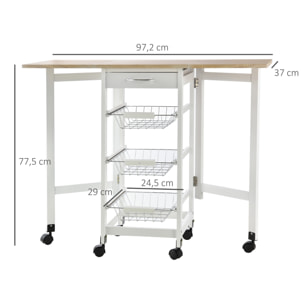 Carrito de Cocina Plegable Carrito Auxiliar con 6 Ruedas 1 Cajón y 3 Cesta de Metal Carro de Servicio Multifuncional para Almacenamiento Carga 50 kg 97,2x37x77,5 cm Blanco y Roble