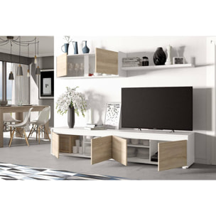 Parete attrezzata Savannah, Mobile da soggiorno porta TV, Composizione set salotto, Set salotto con pensile, cm 200x41h43, Bianco e Rovere