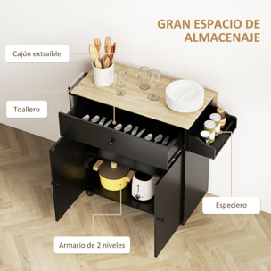 Isla de Cocina con Ala Abatible Carrito de Cocina Mueble Auxiliar de Cocina con Ruedas 2 Puertas Cajón Especiero Toallero y Estante Ajustable 106x42x87 cm Negro y Roble